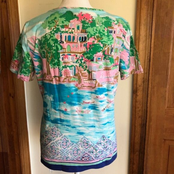 TALBOTS Scenic Mediterranean Tee Short Sleeve Crewneck Blue Pink - Picture 11 of 16